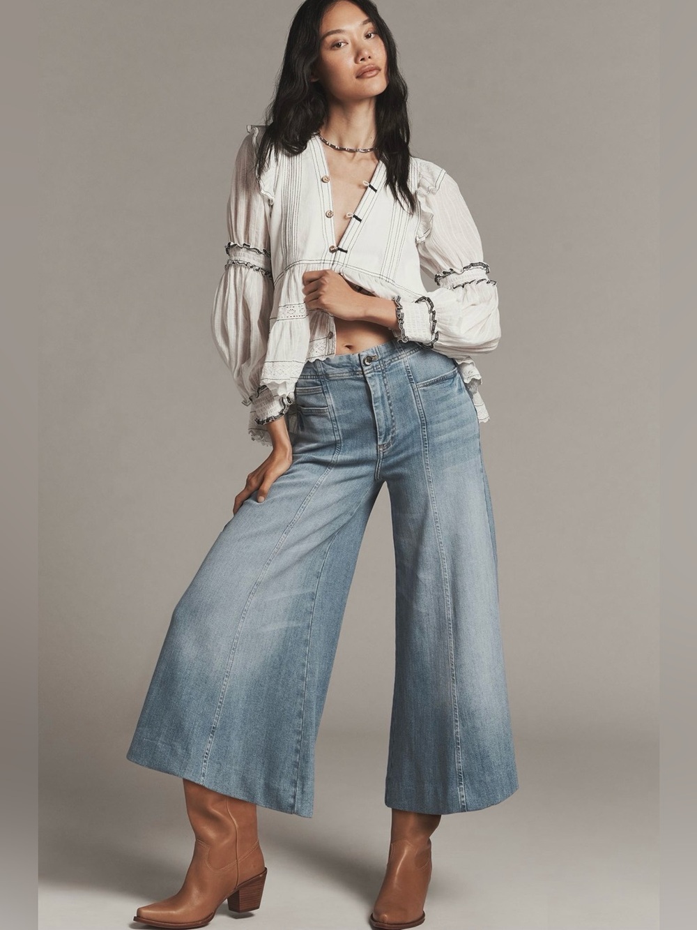 Pilcro mid-rise ultra wide-leg seamed denim crop jeans sz 28
